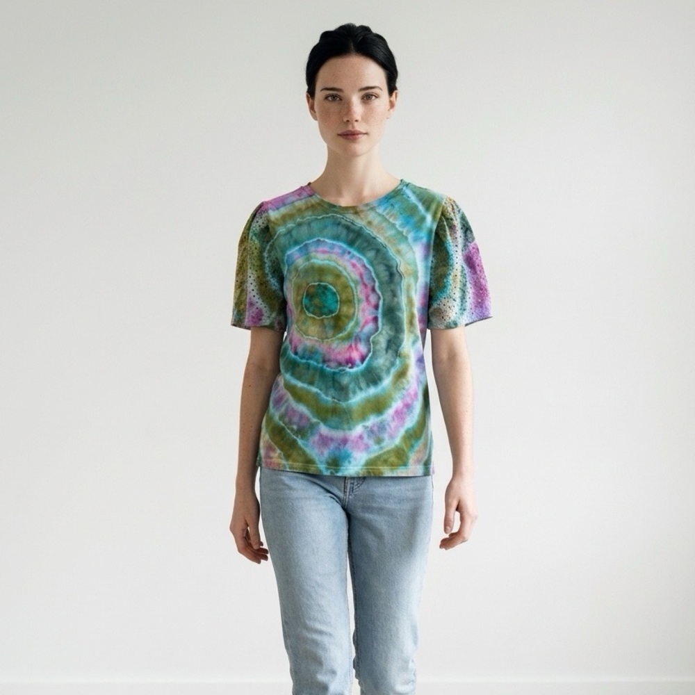 Nwt Handmade Ice Dyed Geode Top With Eyelet Sleeves